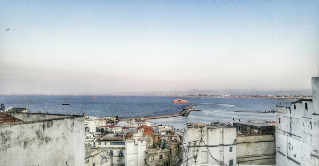 Rooftops of the Casbah of Algiers in the foreground, with the Bay of Algiers and the port below