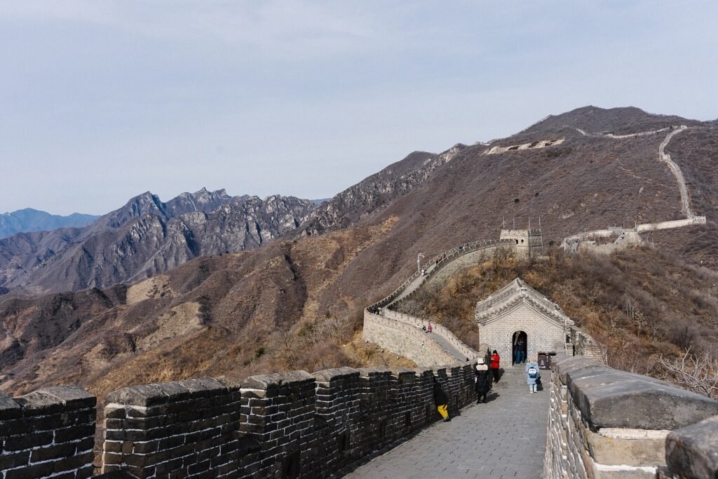 The Mutianyu section of the Great Wall of China, with watchtowers along the ridges northeast of Beijing