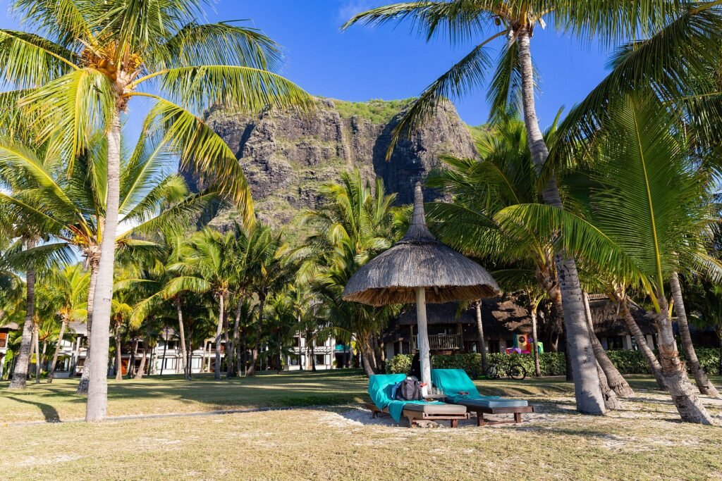 Le Morne beach in Mauritius, palm trees and a thatched umbrella below Le Morne Brabant mountain