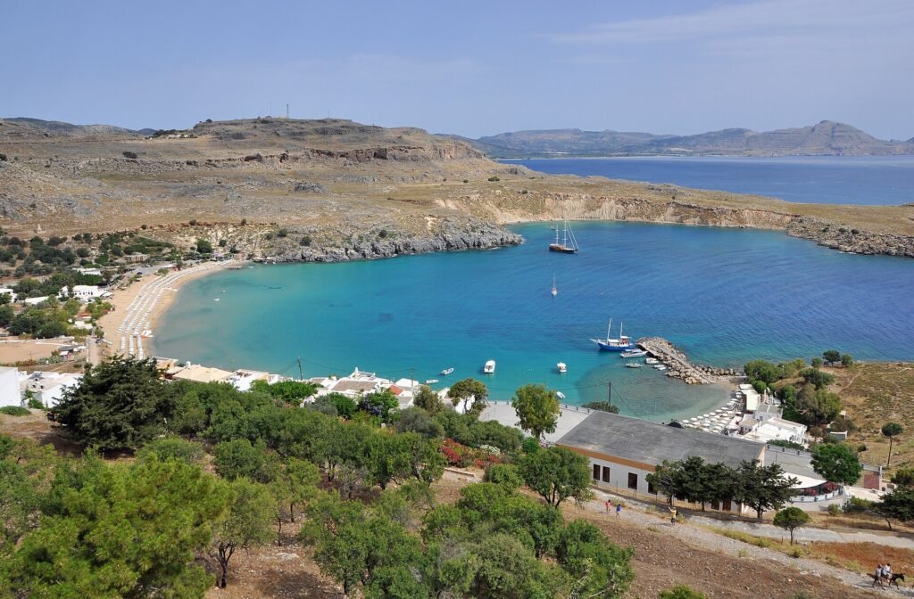 Lindos bay on Rhodes, beach and harbor seen from the acropolis