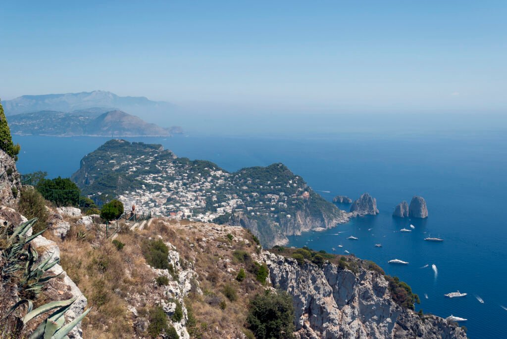 Capri seen from the top of Monte Solaro, with the town, the Faraglioni rocks and the sea