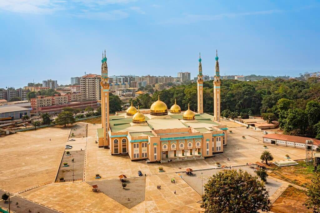 The Grand Mosque of Conakry with its four minarets and esplanade, seen from above