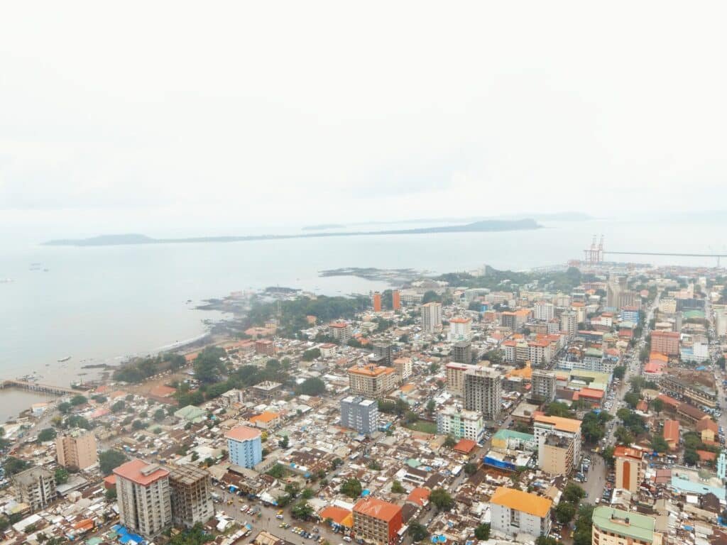Aerial view of downtown Conakry on the Kaloum peninsula, facing the Atlantic Ocean