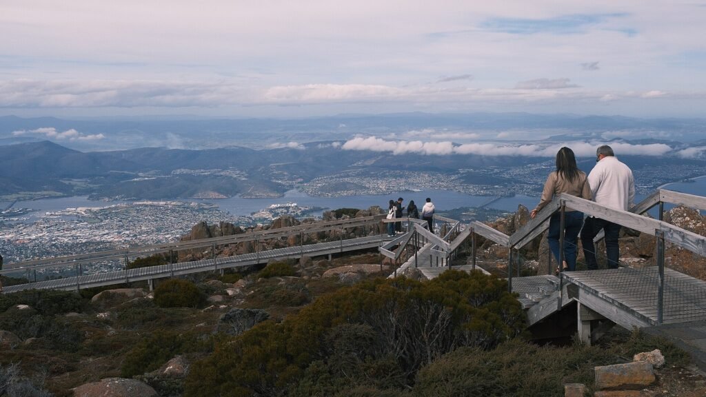 Boardwalk at the summit of Mount Wellington, with Hobart and the River Derwent below