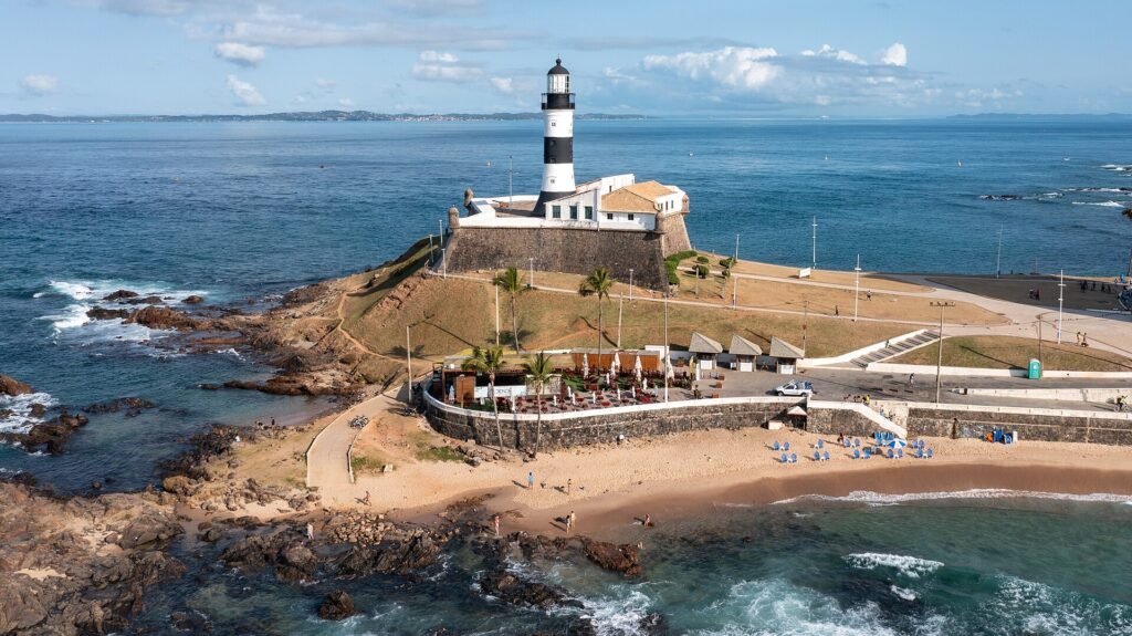 Aerial view of the Santo Antônio fort and the Barra lighthouse at the entrance to the Bay of All Saints