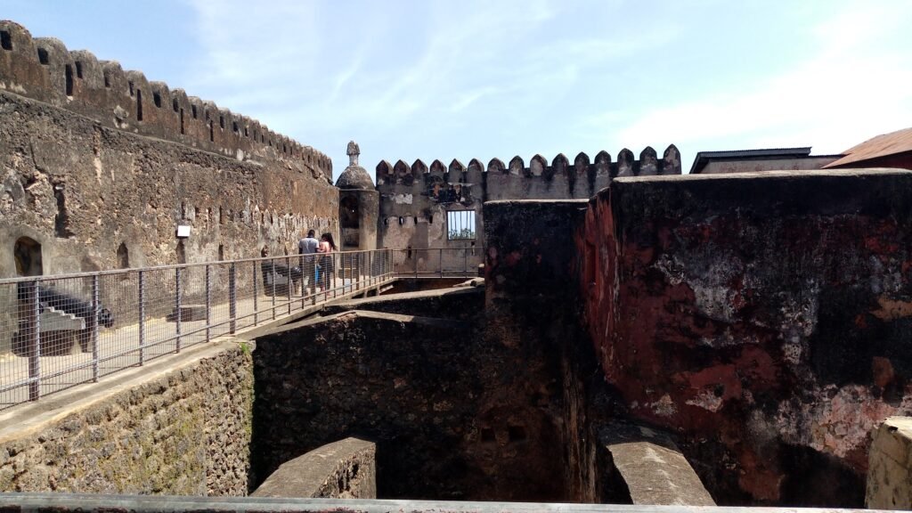 The ramparts and wall walk of Fort Jesus in Mombasa, seen from inside the fort
